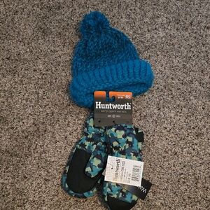 Blue Knit Hat and Camouflage Mittens Set
